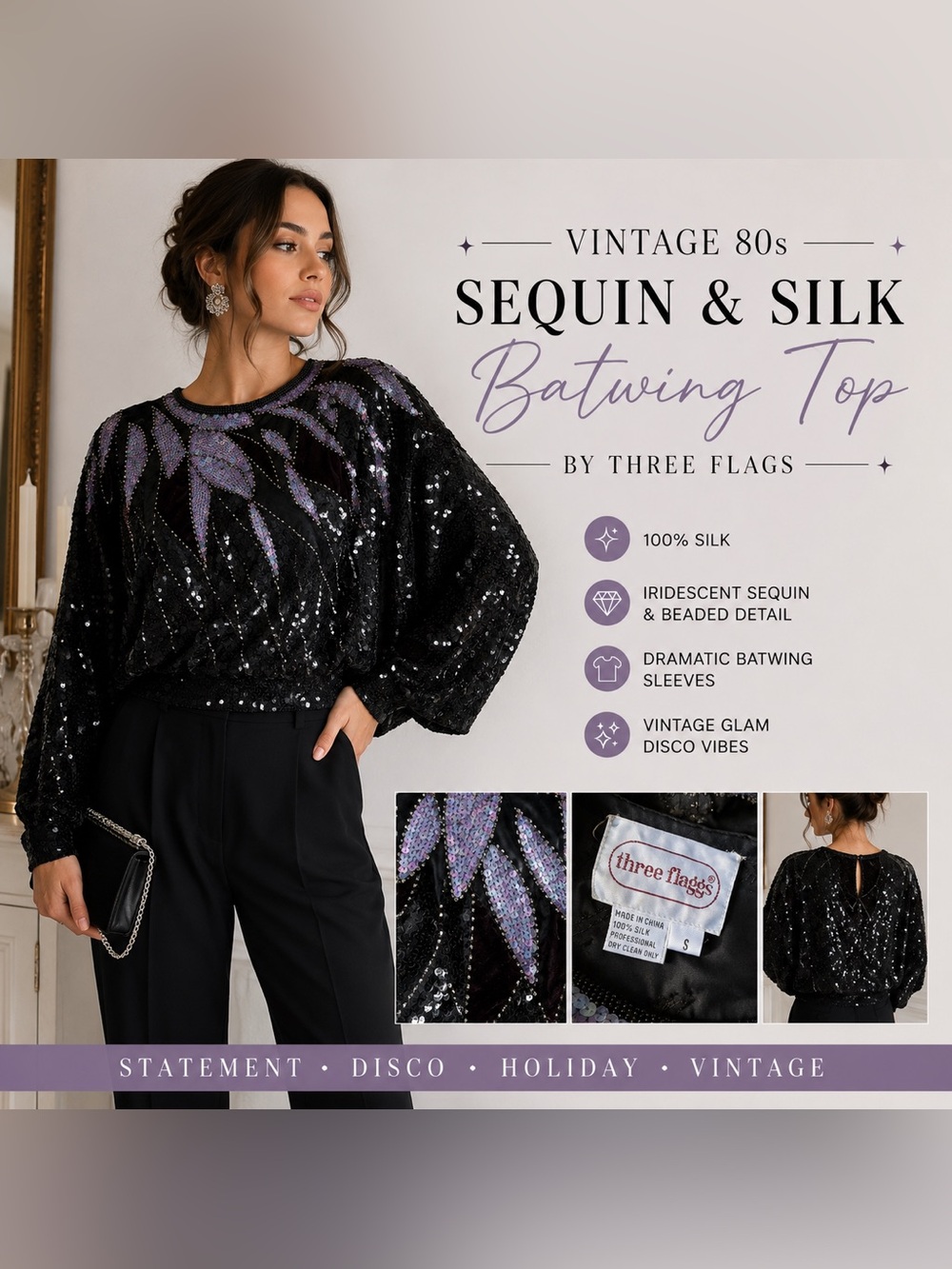 Vintage 80s Black Sequin Silk Batwing Top Iridescent Beaded Dolman Sleeve Glam